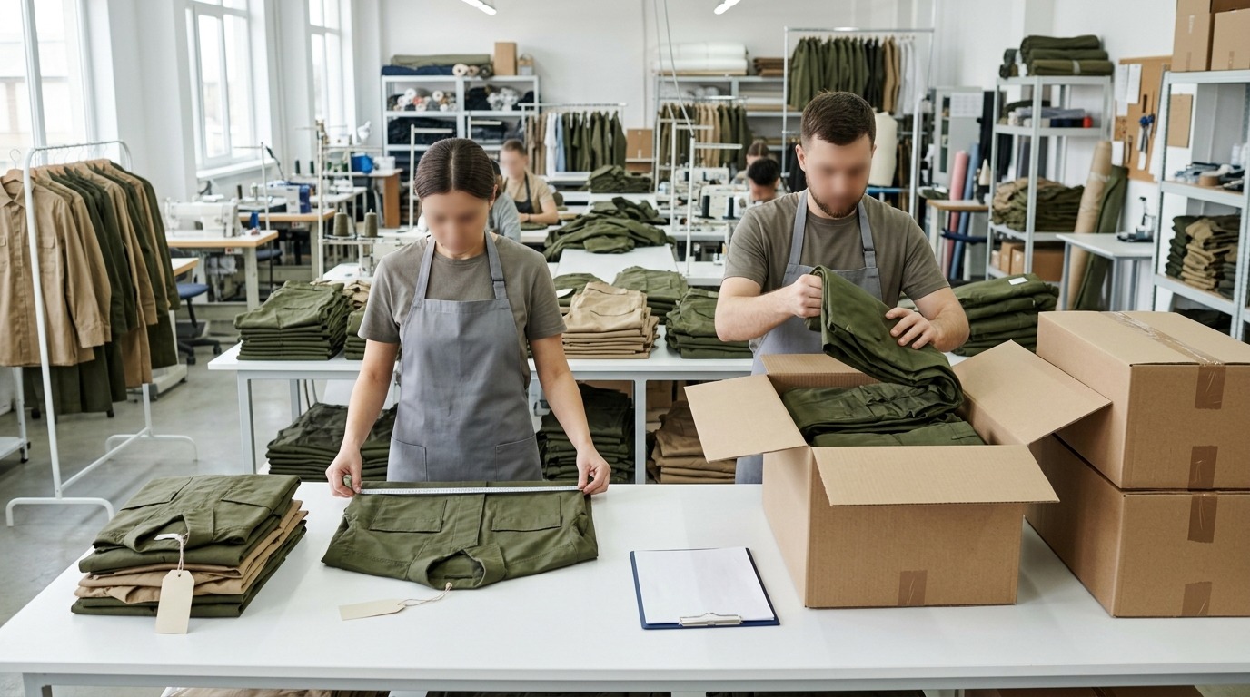 Military uniform bulk production inspection and packing workflow