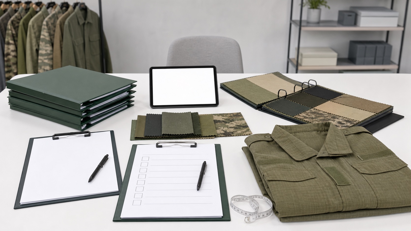 Uniform contract bid readiness review desk with blank tender files and fabric swatches